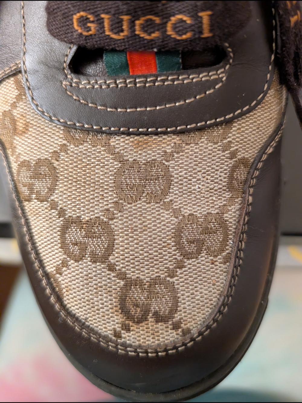 Gucci Men’s Brown GG Canvas & Dark Brown Leather Sneakers with Green-Red Web - Picture 13 of 16